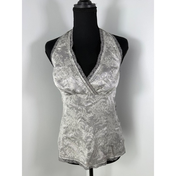 The Limited Tops - The Limited Silk Halter Top Grey Damask Lace Trim Smocked Back Blouse Womens M